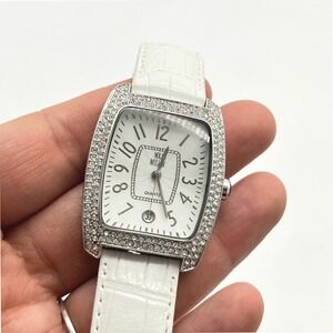 Nolan Miller Women's Rectangular Rhinestone Accent White Leather Quartz Watch